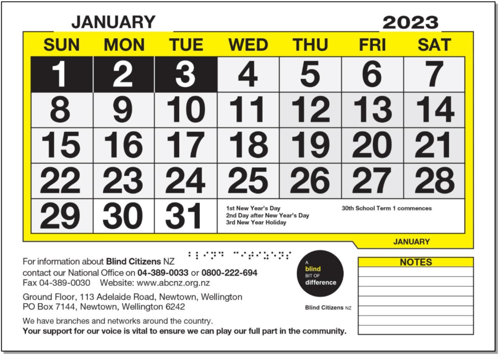 Large Print Calendars Blind Citizens NZ